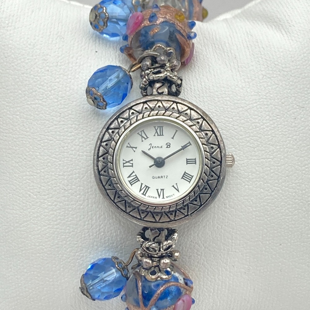 Jennie B Women's Watch 25mm Silver Tone Blue Artisan Beads New Battery 6.5"